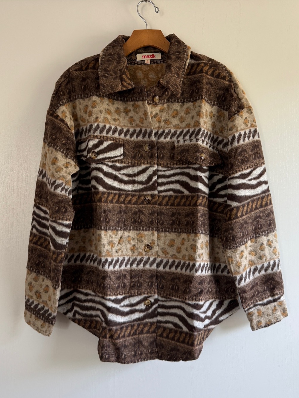 Mazik Animal Print Flannel Western Brown Cream Button-Down Jacket Shirt Shacket